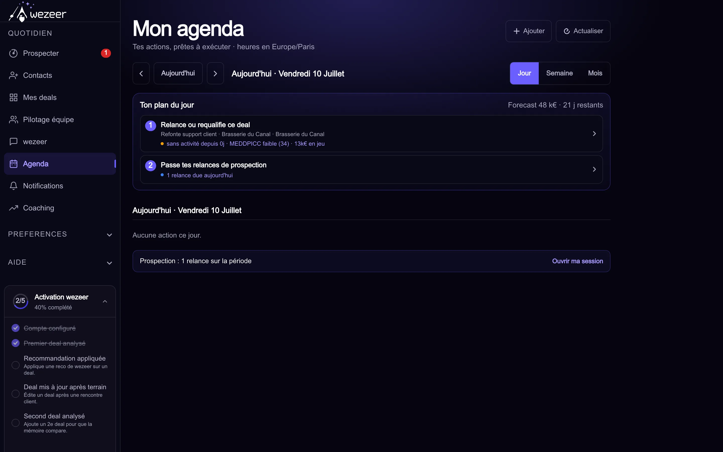 Vue agenda de wezeer avec la liste du plan du jour et les actions à faire regroupées par échéance